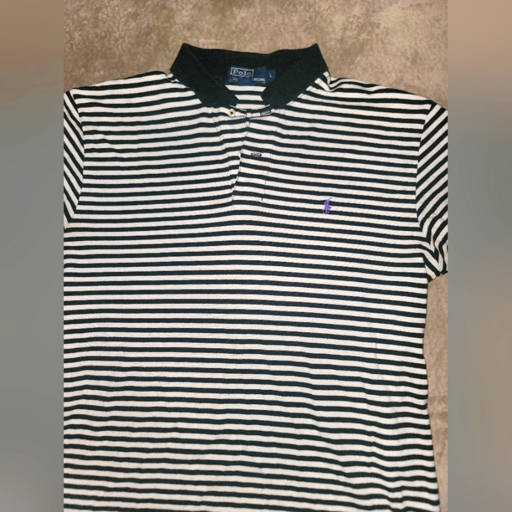 Mens Black & White Stripe Polo Ralph Lauren Shirt Size LARGE